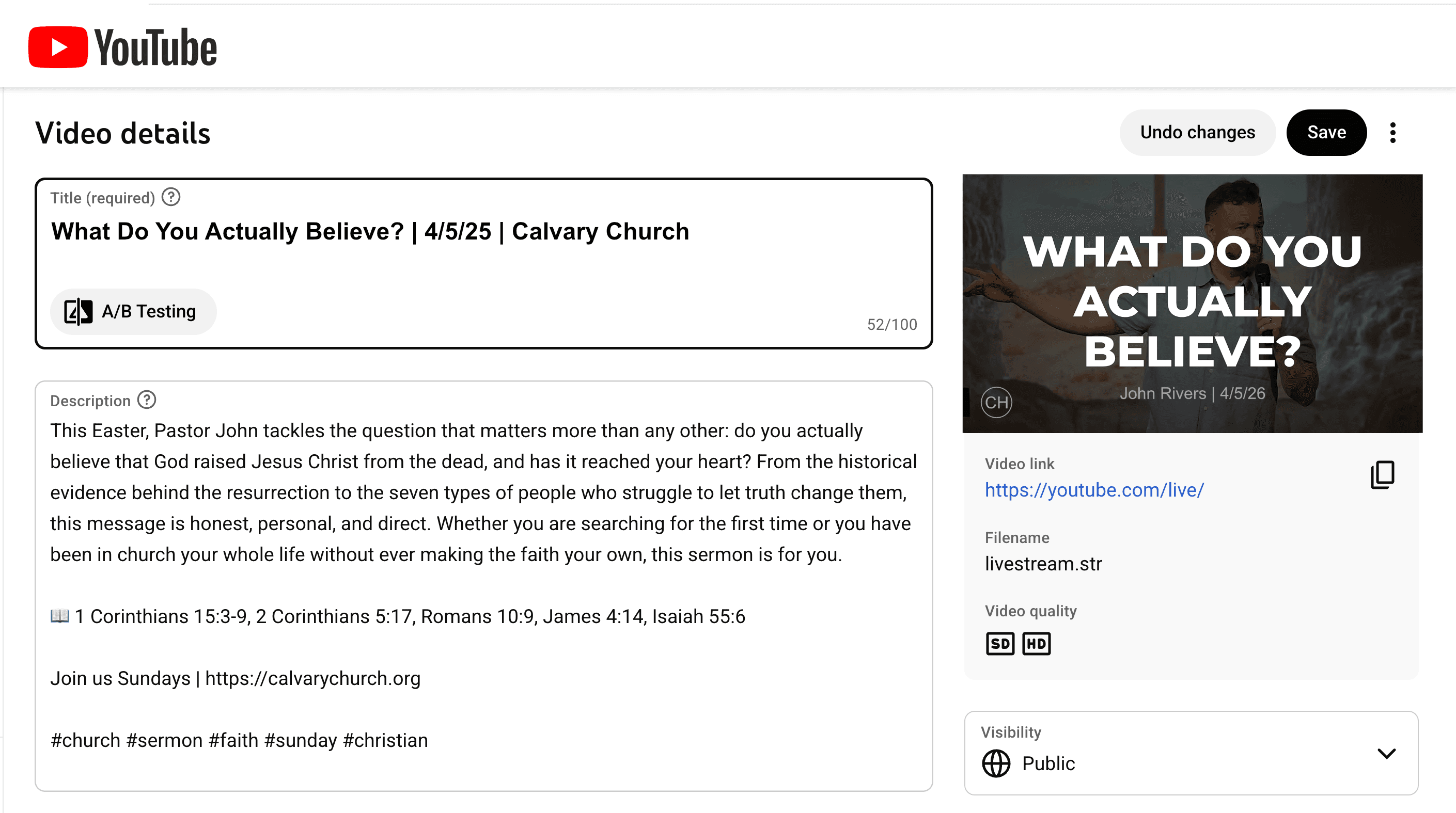 YouTube Studio — 'Praise | 04/12/2026 | Generations Church' with full description, branded thumbnail, Public visibility