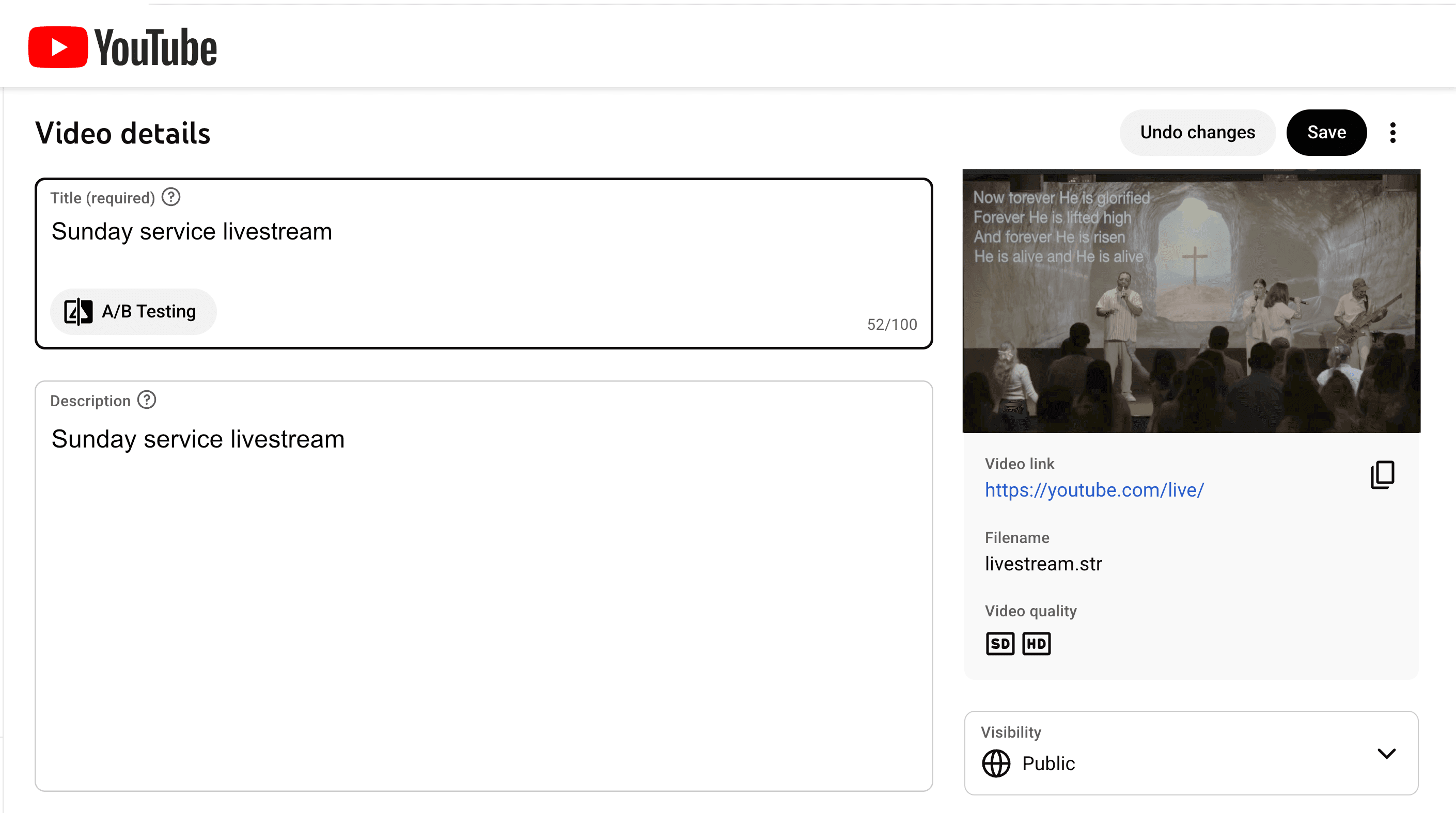 YouTube Studio — generic 'Sunday Service 5/26/24' title, no description, auto-generated thumbnail, Private visibility